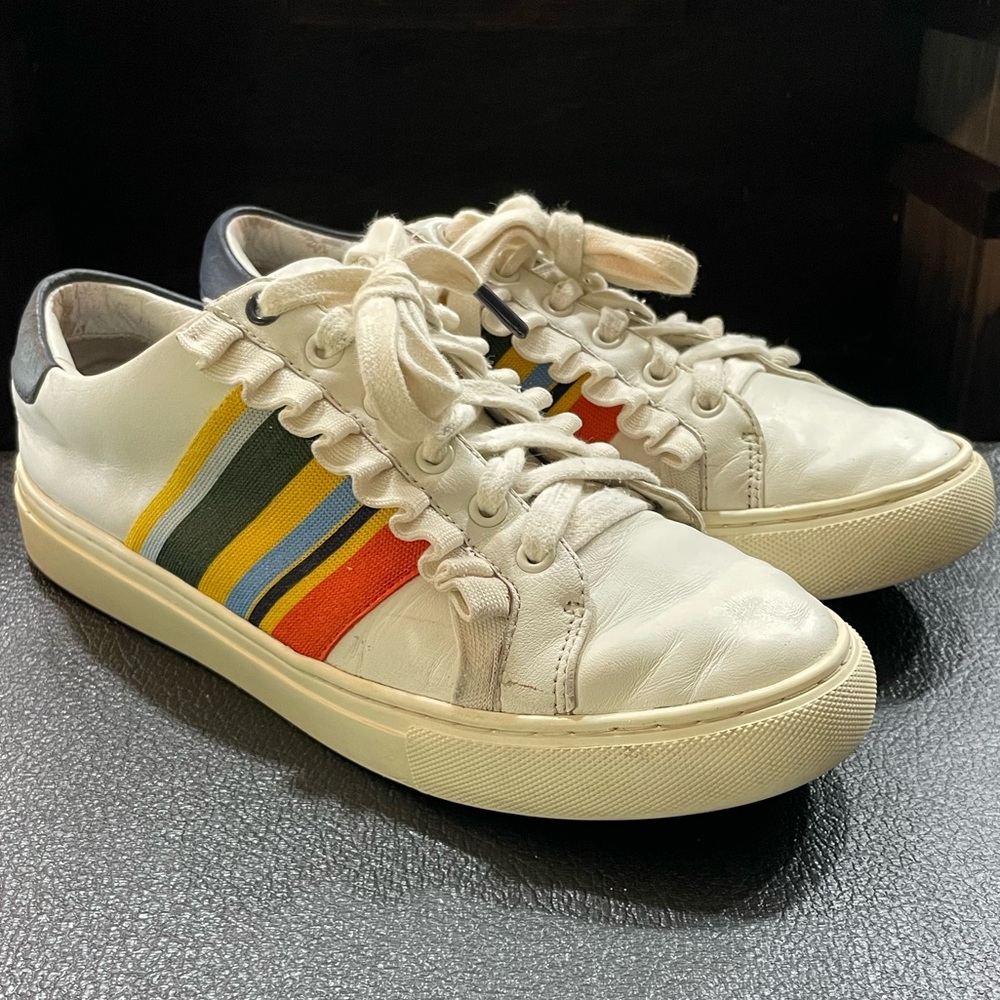 Tory sport ruffled color stripe leather ivory shoe 8.5